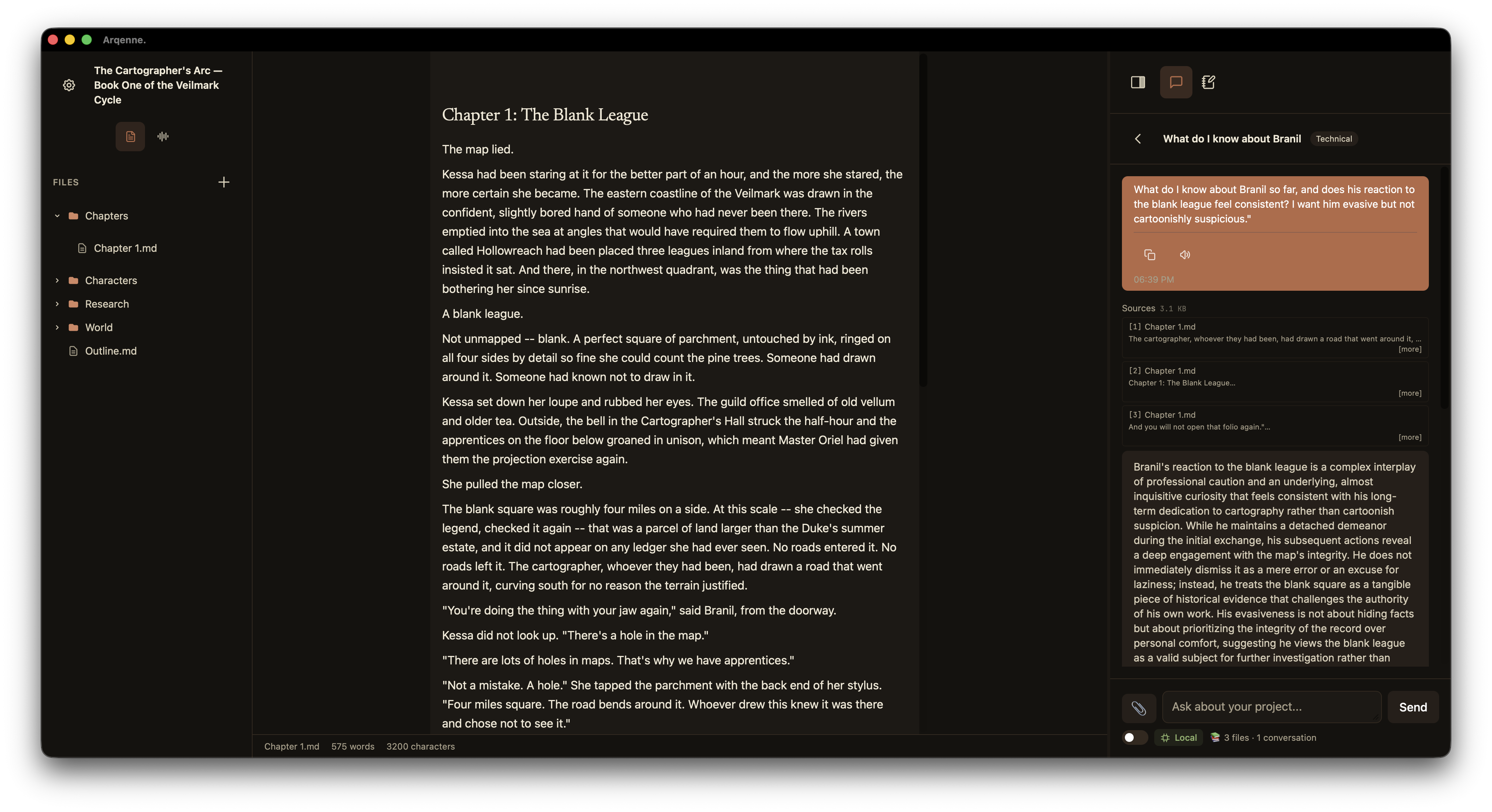 Arqenne documents editor with local-first files and cited AI answers