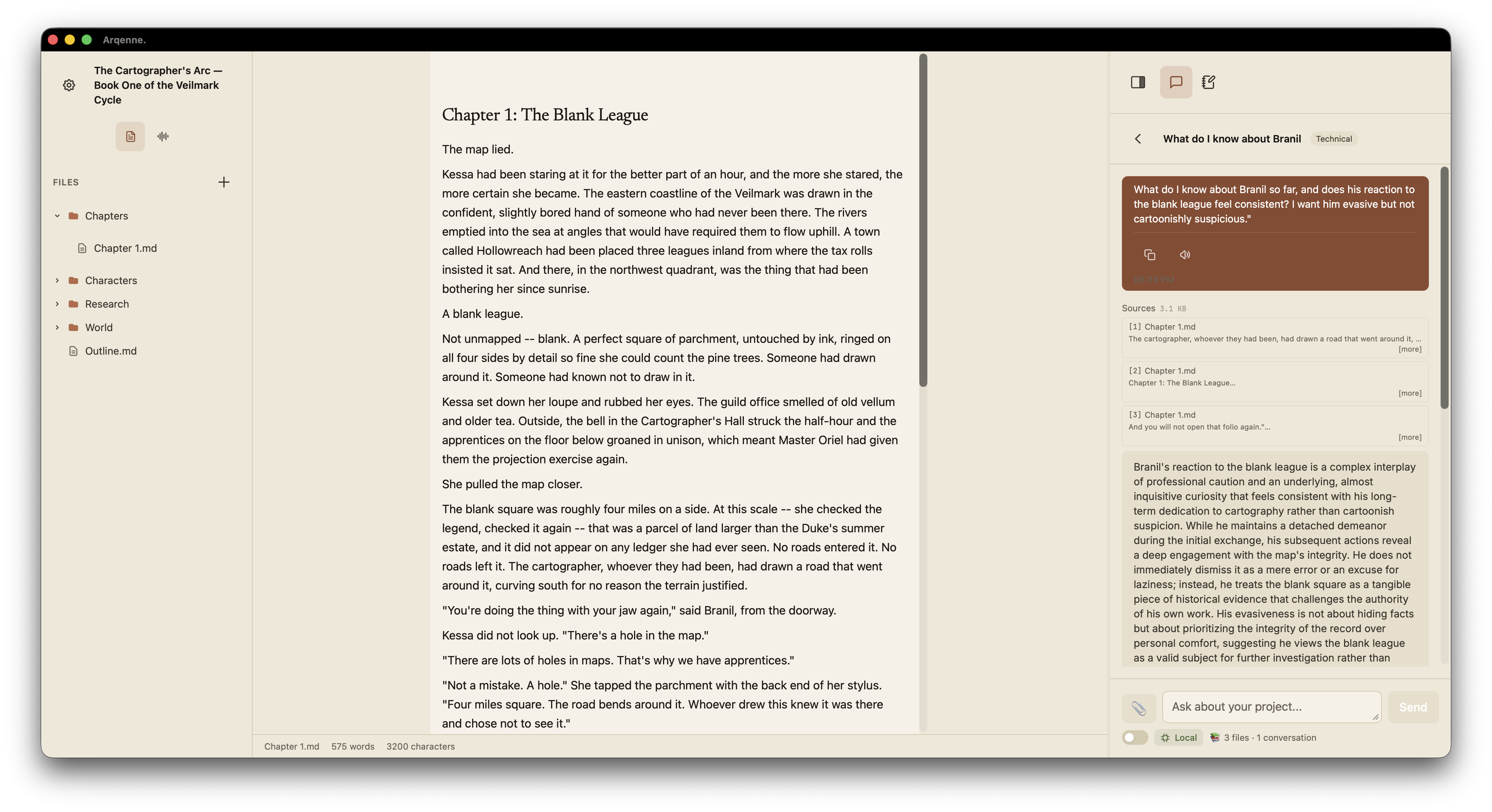 Arqenne documents editor with local-first files and cited AI answers