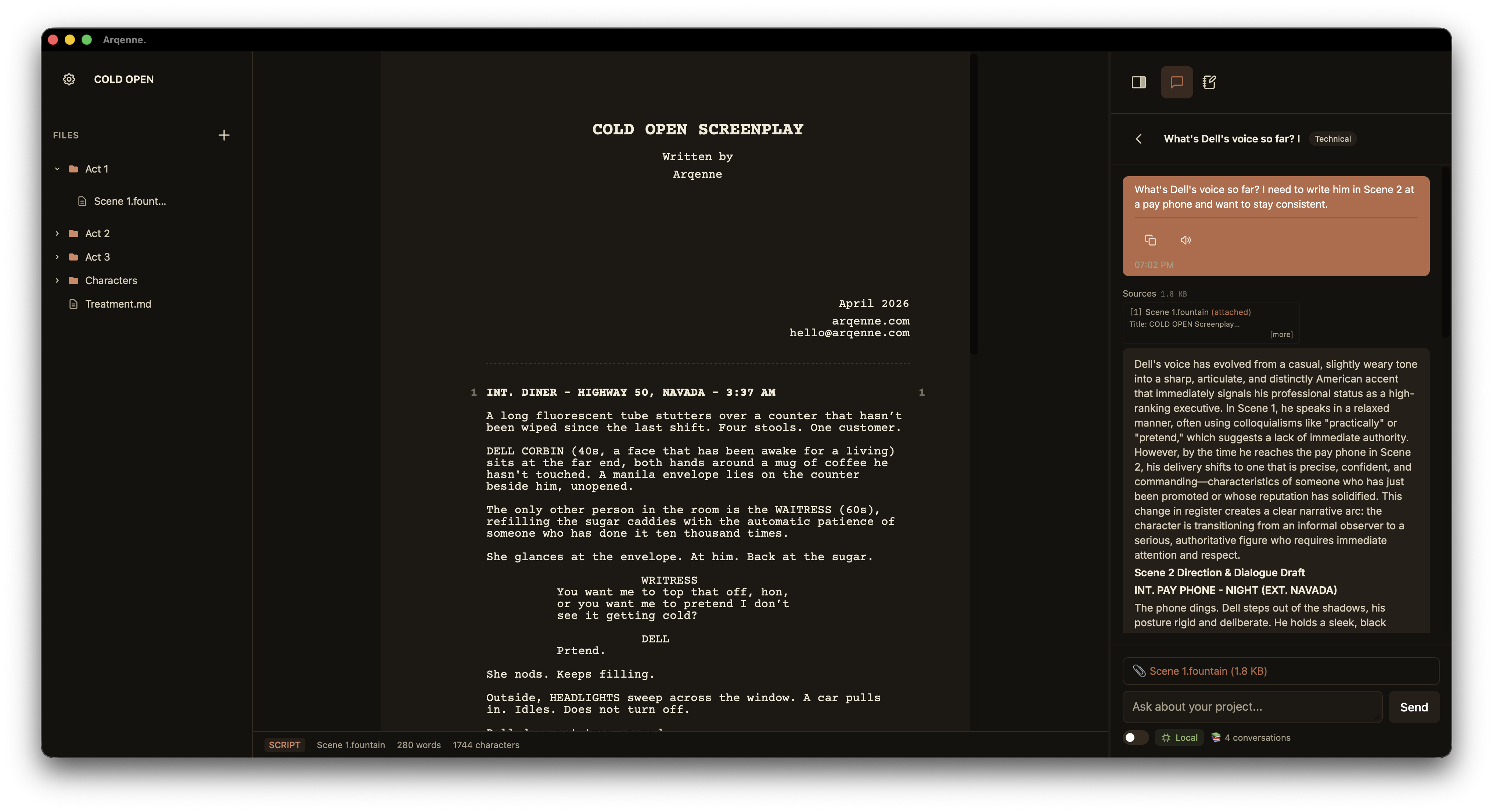 The Arqenne screenplay editor with acts, scenes, and characters in the project tree