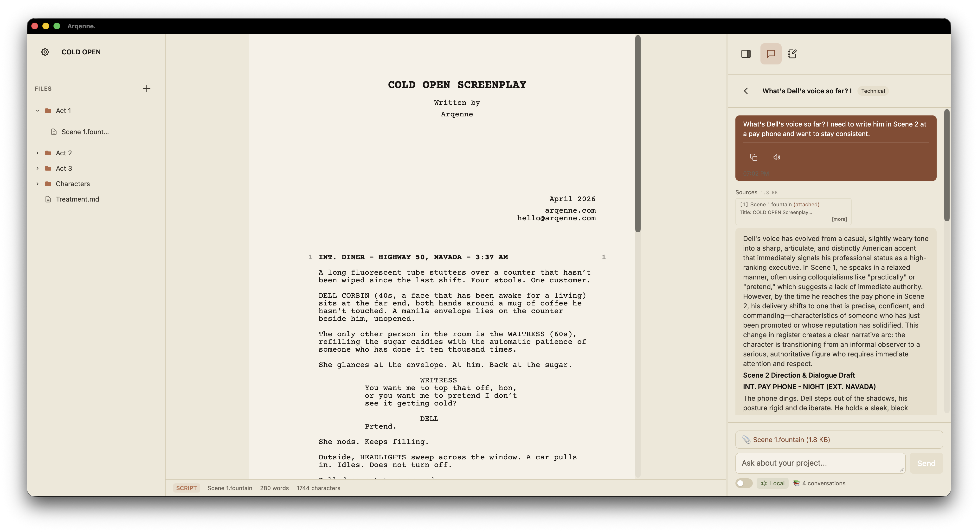 The Arqenne screenplay editor with acts, scenes, and characters in the project tree