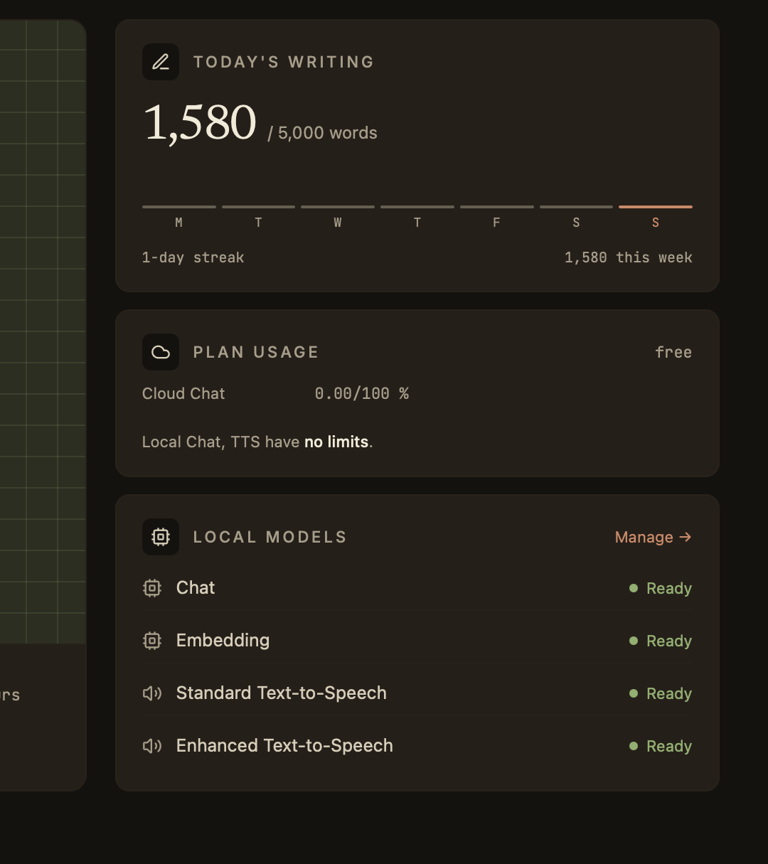 The Arqenne dashboard: Cloud Chat at 0.00 — local chat and text-to-speech have no limits