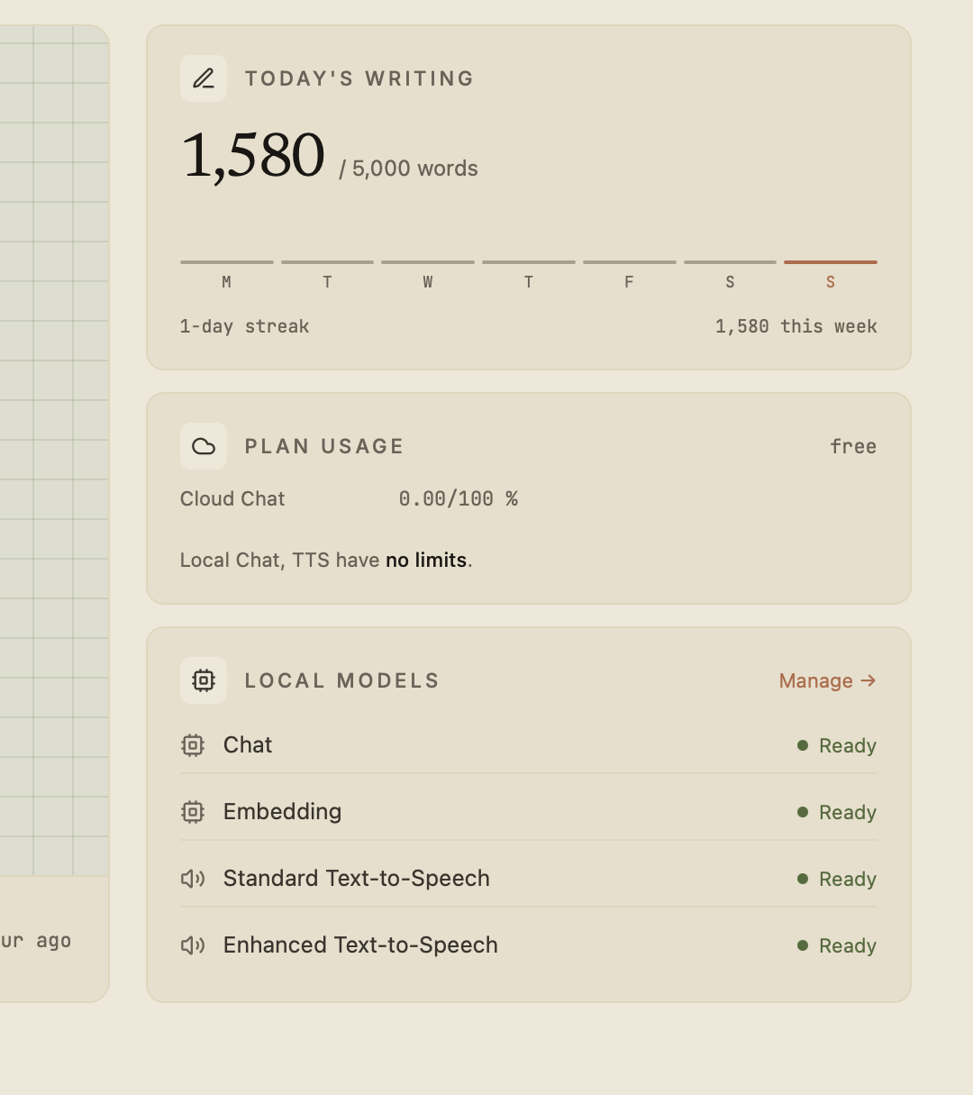 The Arqenne dashboard: Cloud Chat at 0.00 — local chat and text-to-speech have no limits